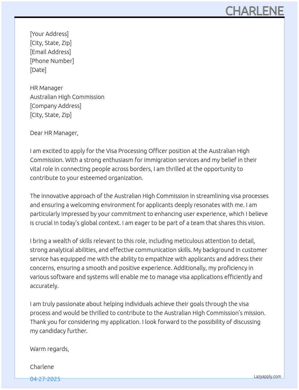 Cover letter for visa processing officer - LazyApply