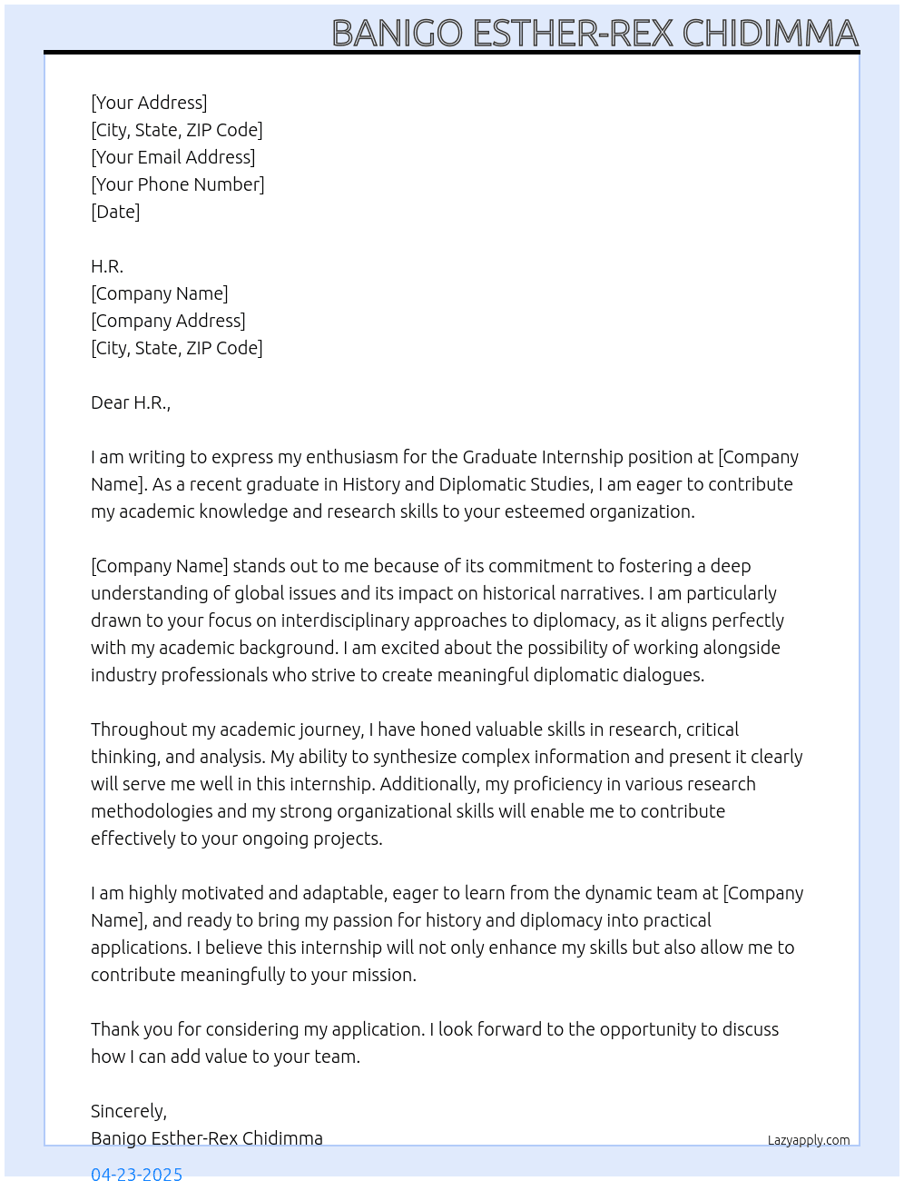 Cover letter for graduate internship - LazyApply