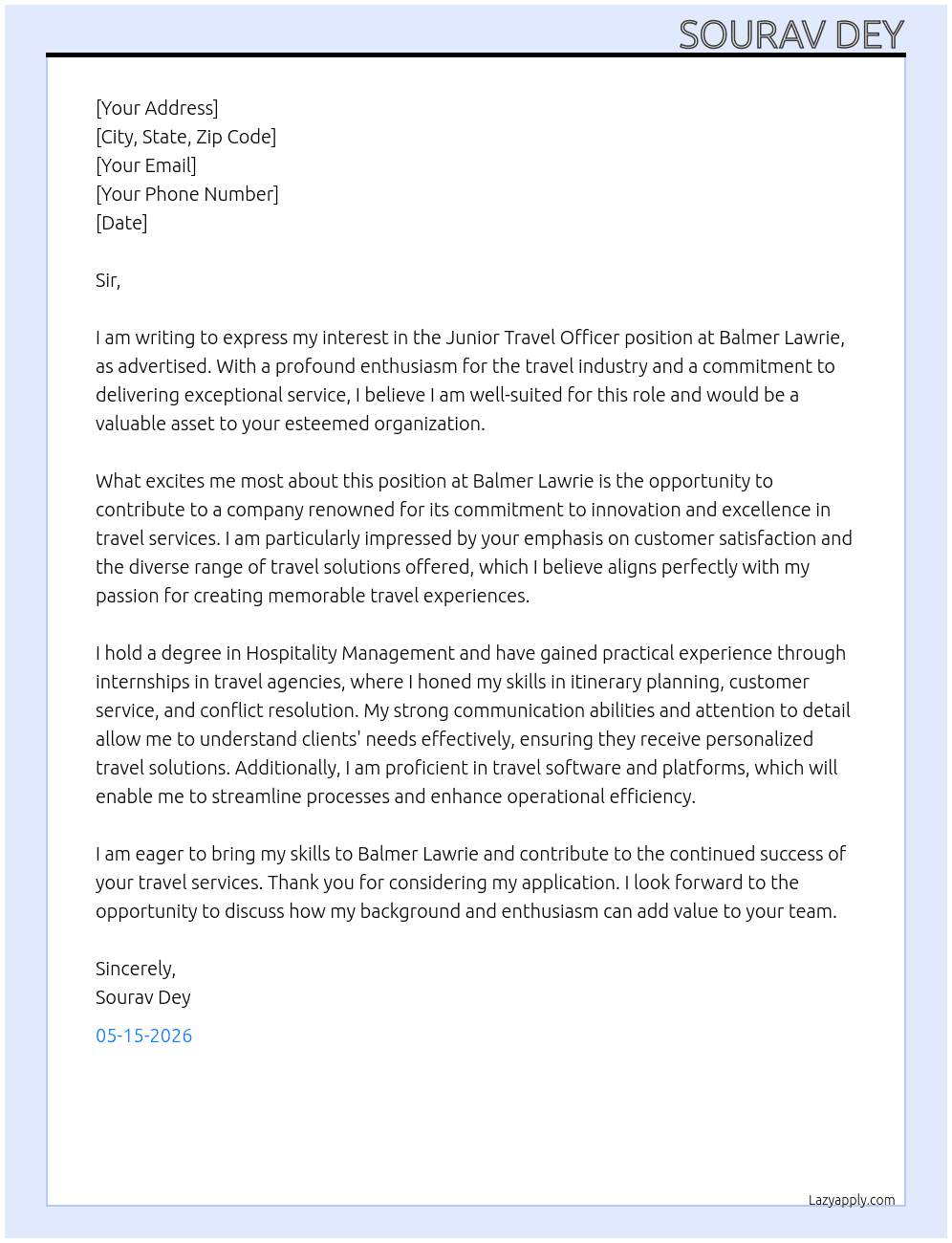 Junior Travel Officer At Balmer Lawrie Cover Letter