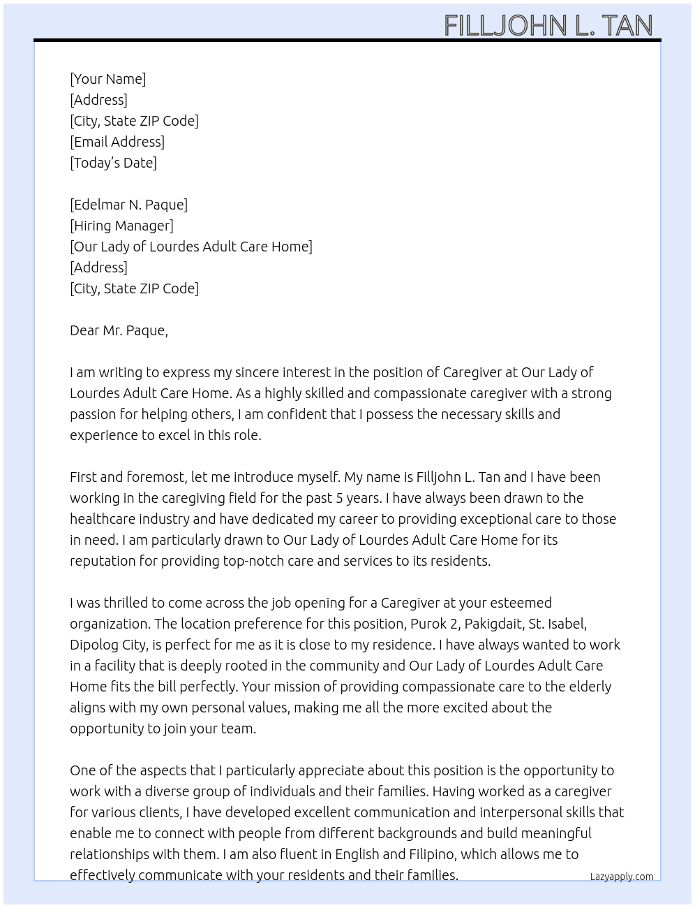 caregiving At Our Lady of Lourdes Adult Care Home Cover Letter