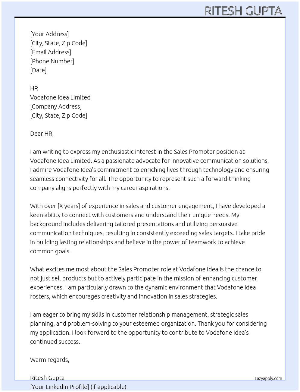 Sales Parmoter  At Vodafone Idea Limited  Cover Letter