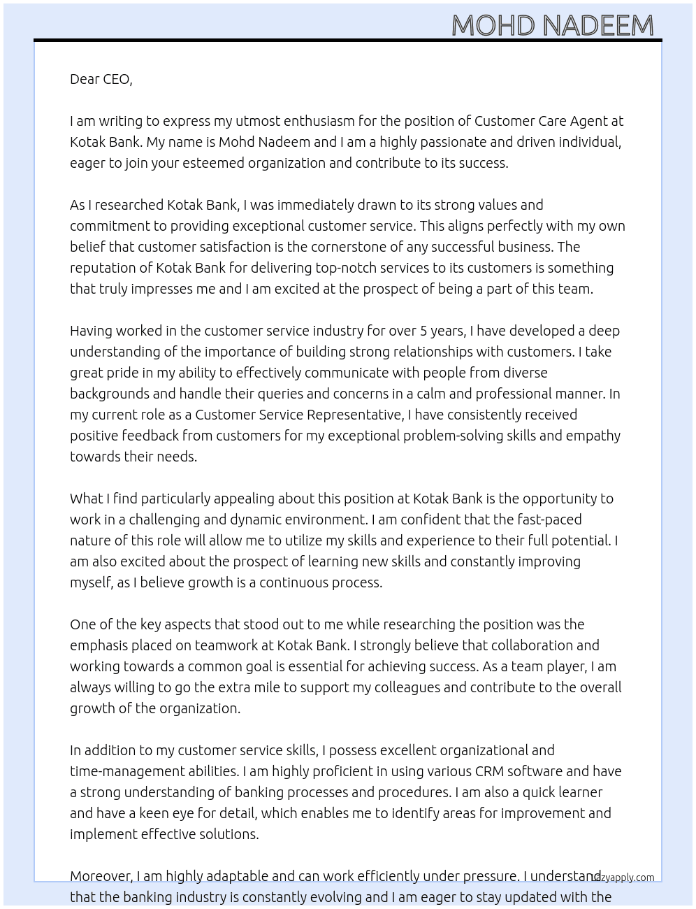 Coustomer care ajucetive  At Kotak bank Cover Letter