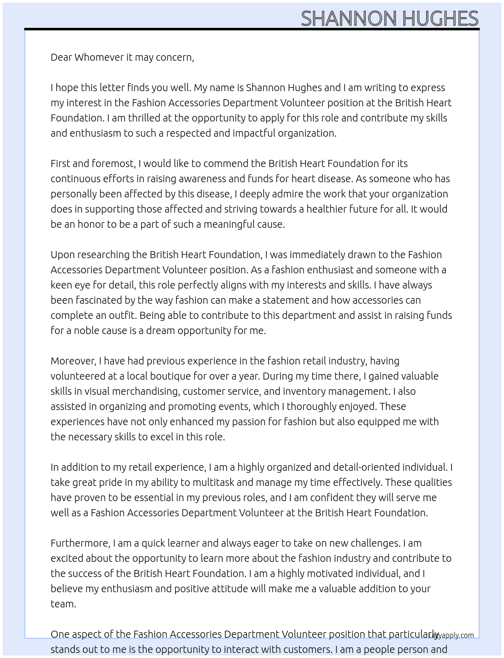 Fashion accessories department volunteer At British heart foundation  Cover Letter