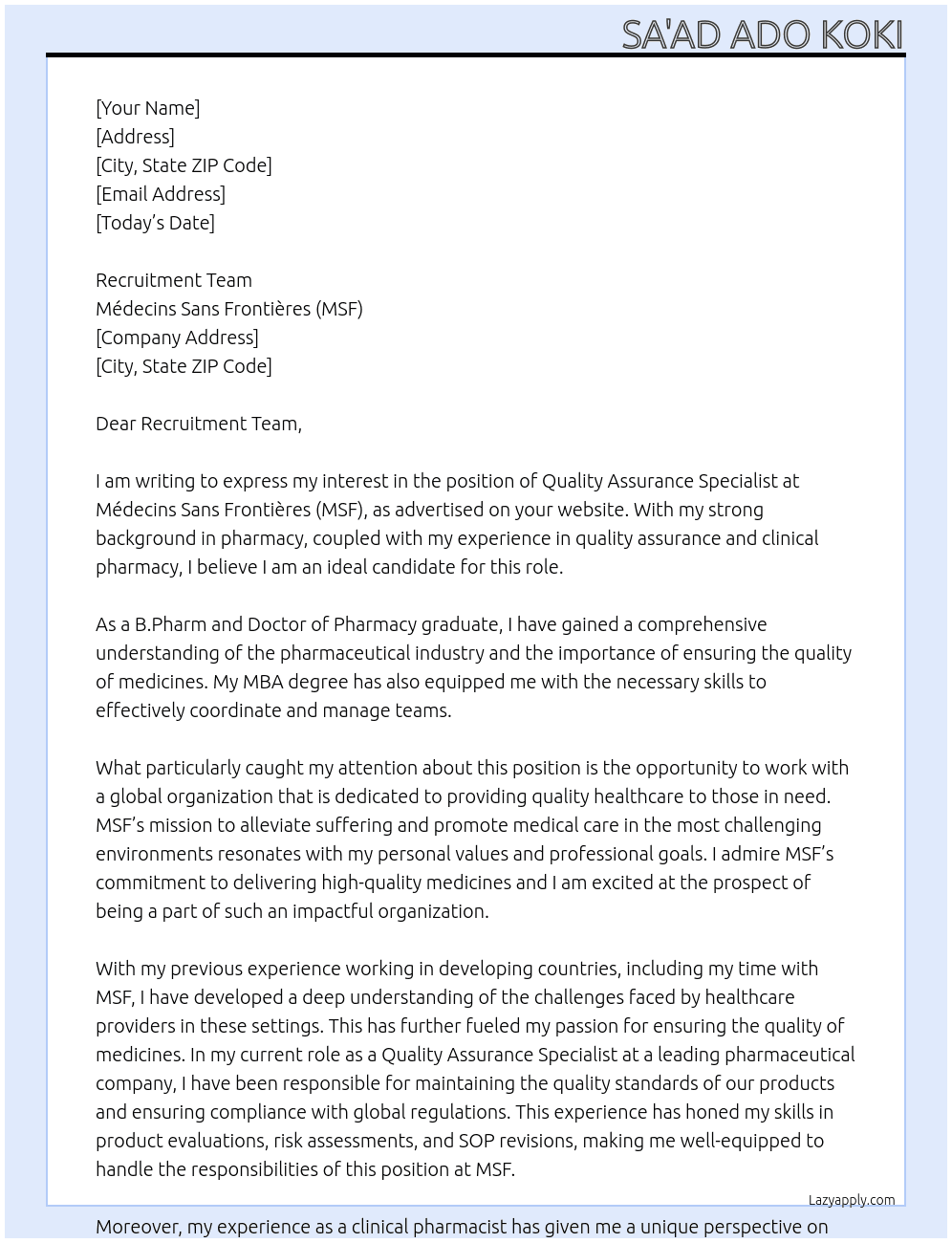 Quality Assurance Specialist At Médecins Sans Frontières (MSF) Cover Letter