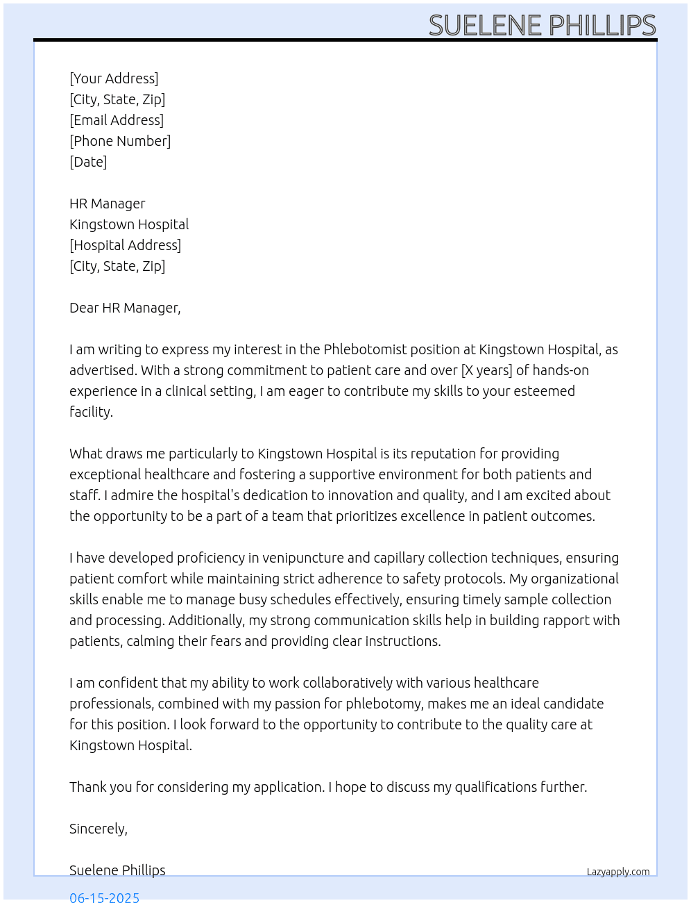 phlebotomist At kingstown hospital Cover Letter