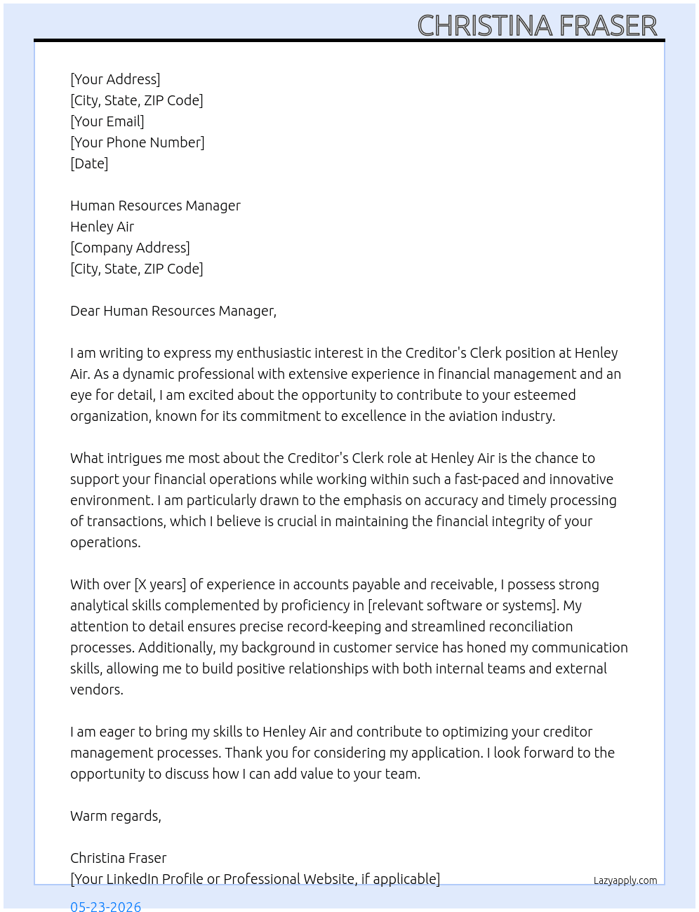 Creditor's Clerk  At Henley Air Cover Letter