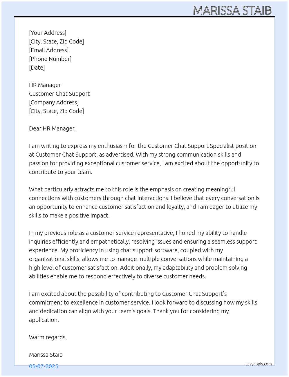 Customer Chat Support Specialist  At Customer Chat Support  Cover Letter