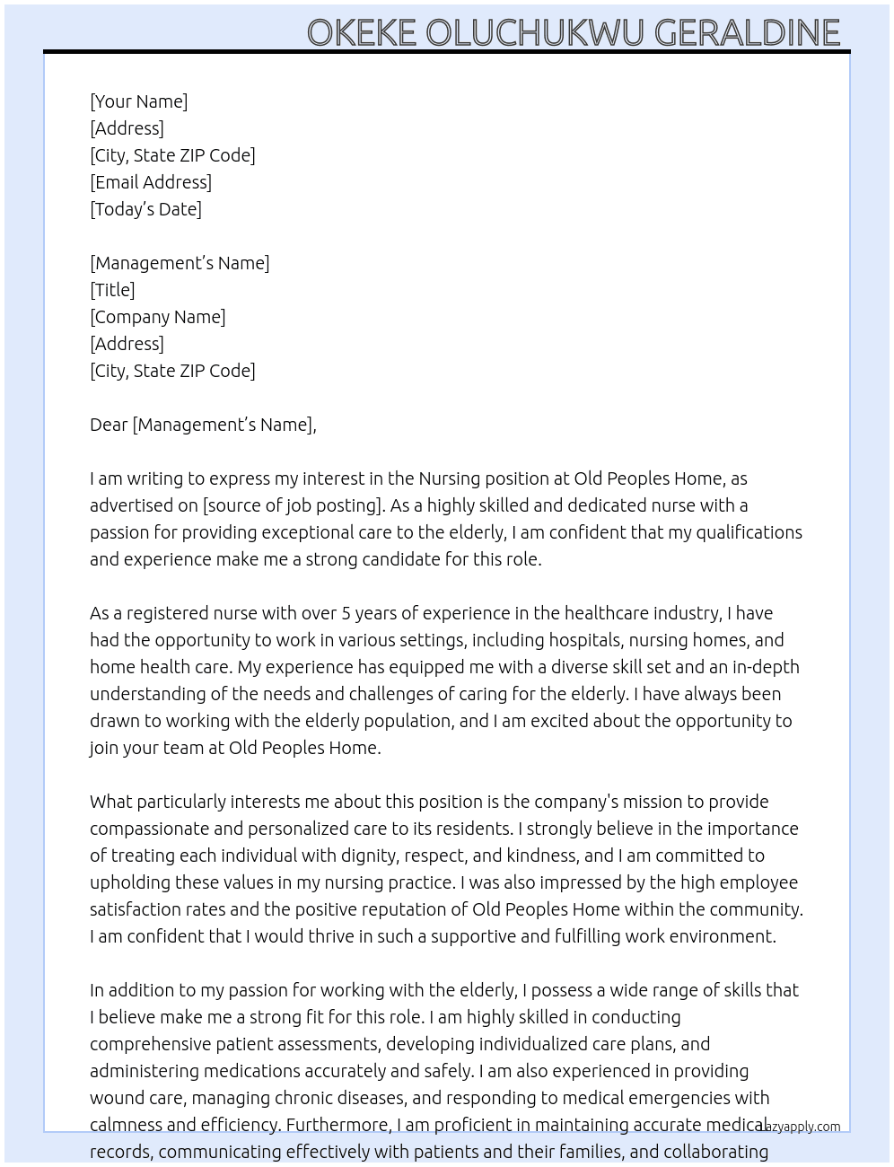 Nursing  At Old peoples home Cover Letter
