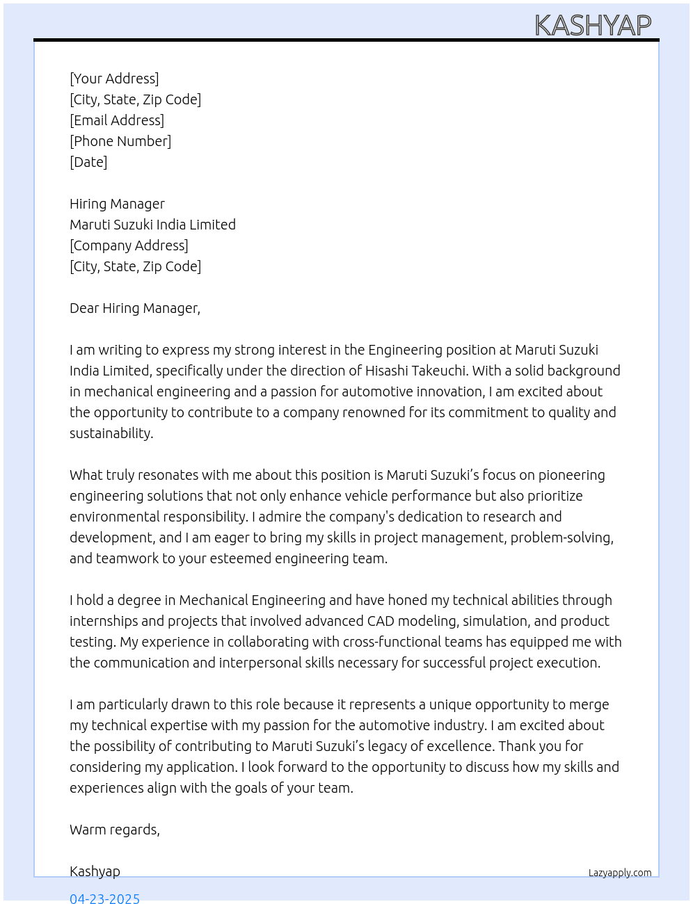 Cover letter for engeneering - LazyApply