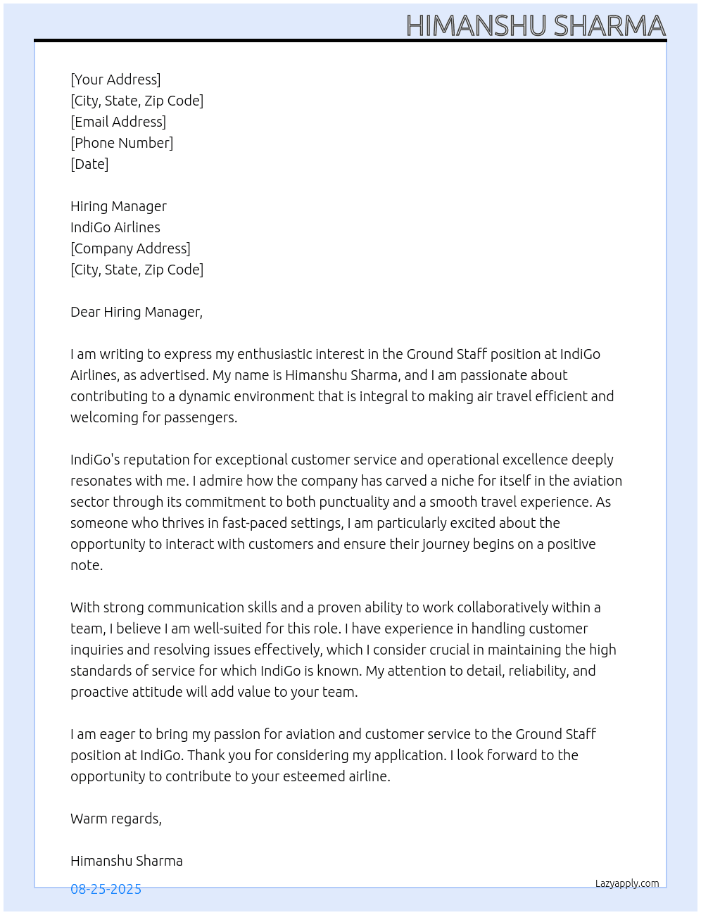 Airport  At Indiago  Cover Letter