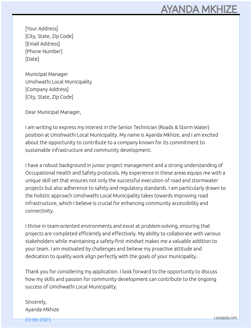 Senior technician (Roads & storm water) At Umshwathi local municipality  Cover Letter