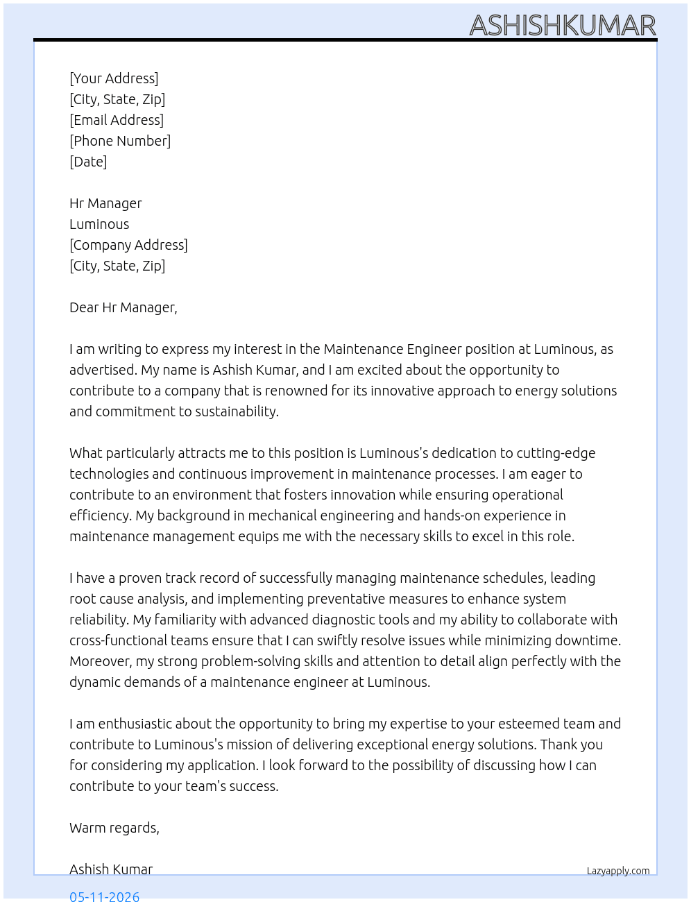 Maintenance engineer  At Luminous  Cover Letter