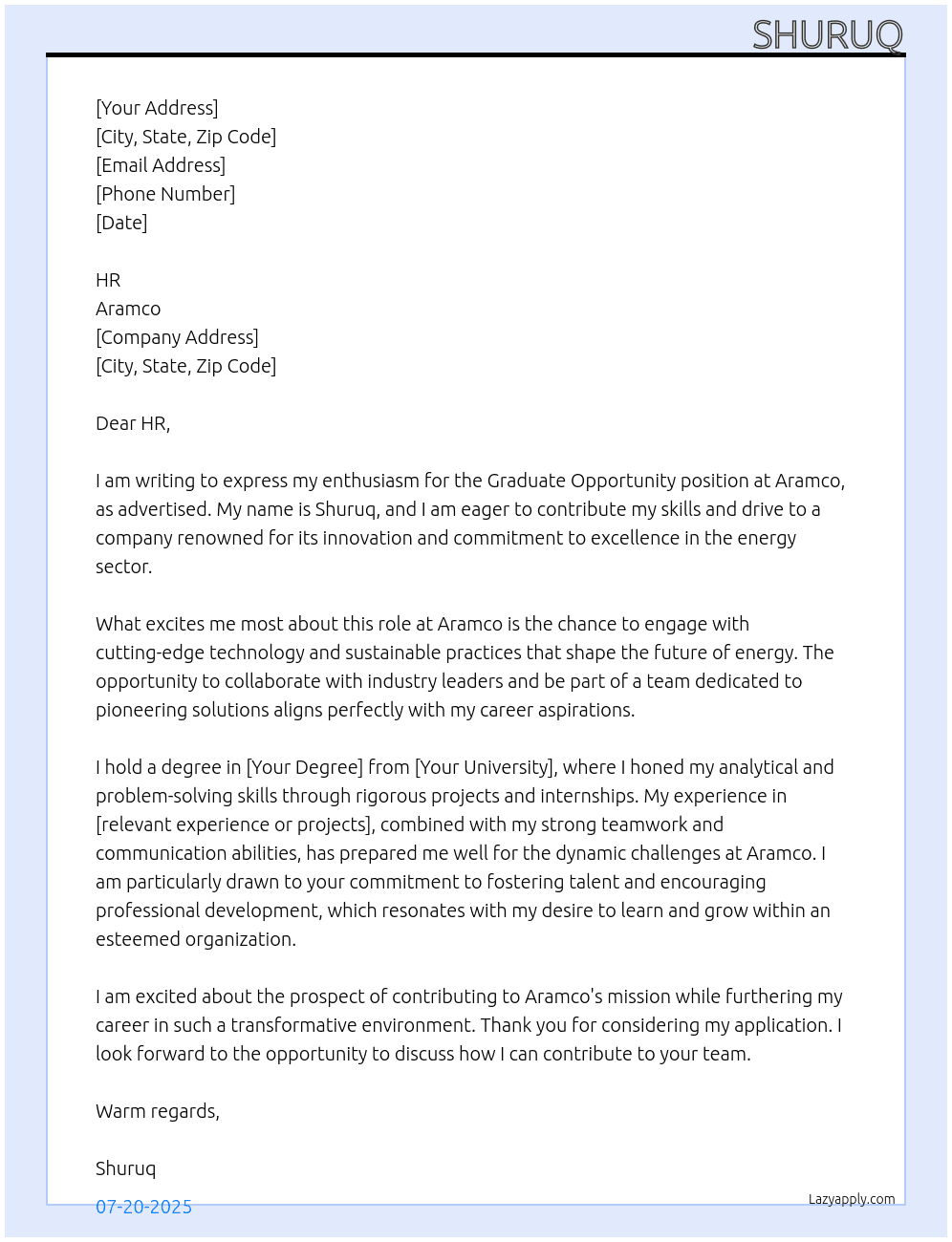 Gradute Opportunity At Aramco Cover Letter