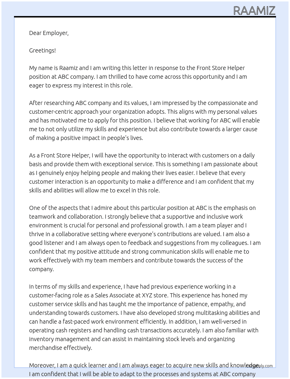 Cover letter for front store helper - LazyApply