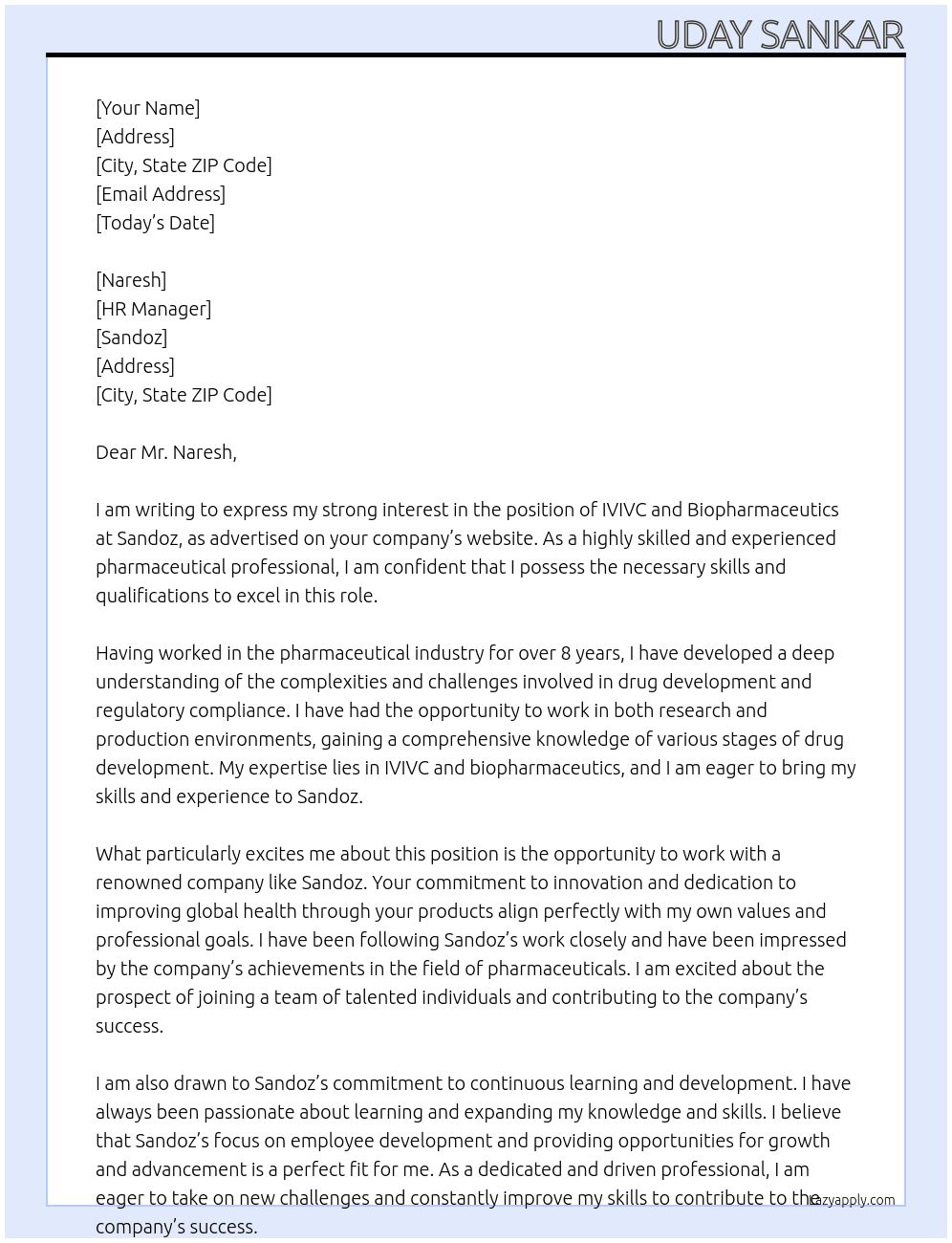 IVIVC and biopharmaceutics At Sandoz Cover Letter