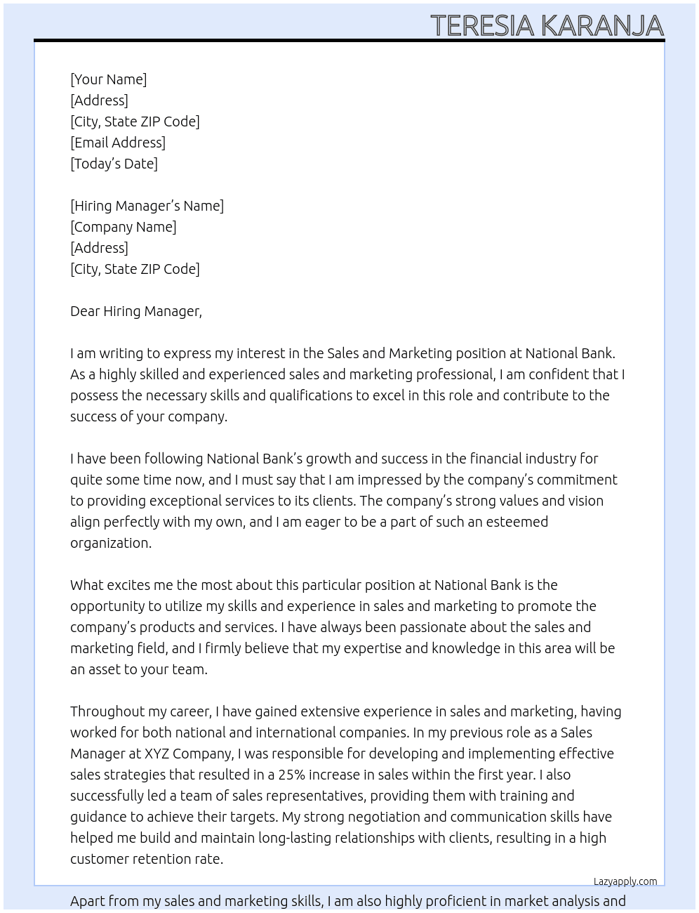 sales and marketing At National bank Cover Letter