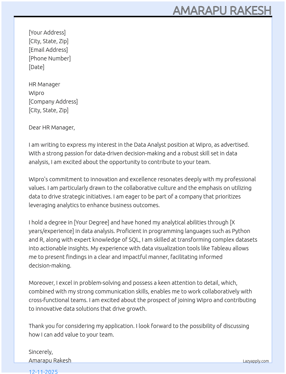 Data Analyst At wipro Cover Letter