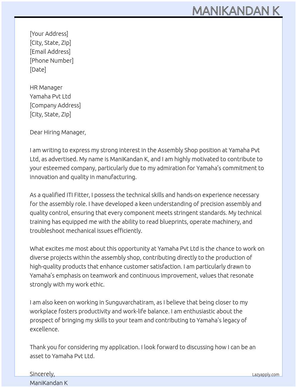 Assambly shop  work  At Yamaha pvt Ltd  Cover Letter