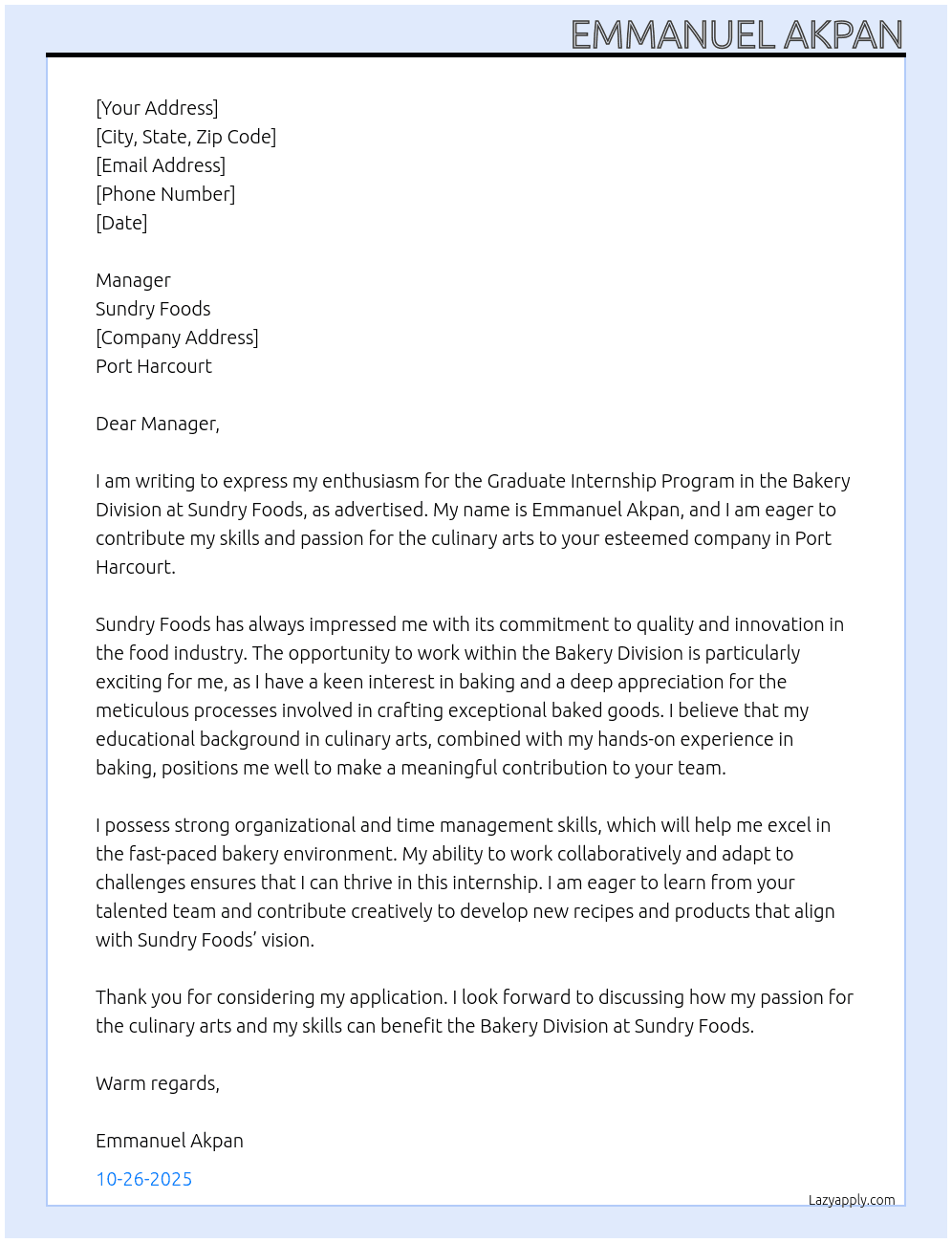 Graduate internship program- bakery Division  At Sundry foods Cover Letter