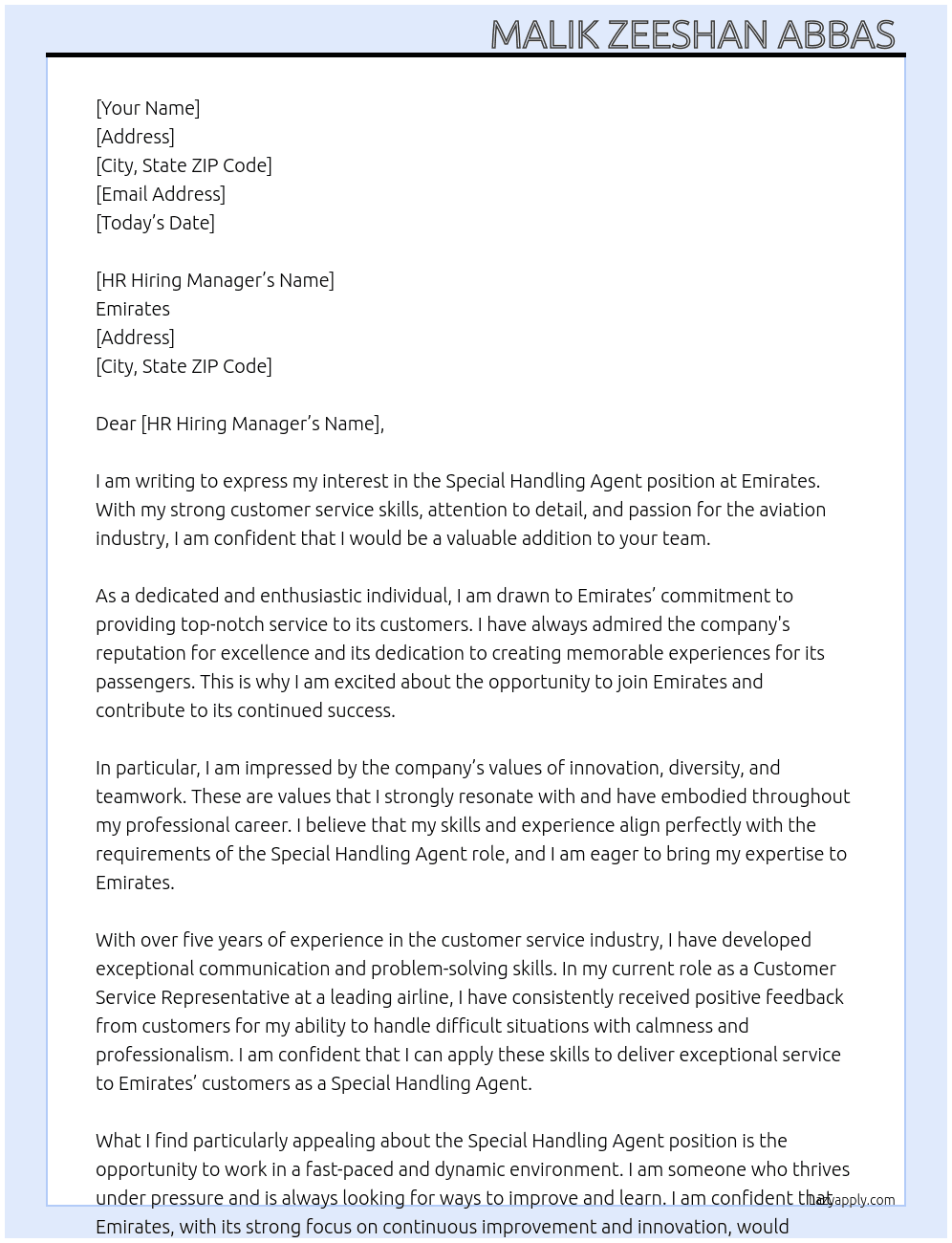 Special handling agent  At Emirates  Cover Letter