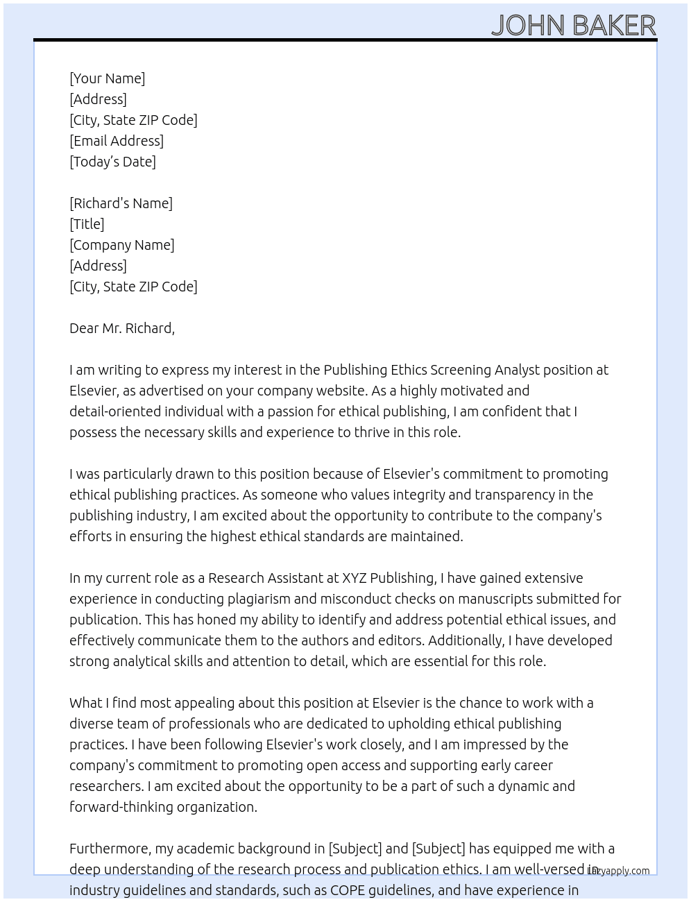 Publishing Ethics Screening Analyst At Elsevier Cover Letter