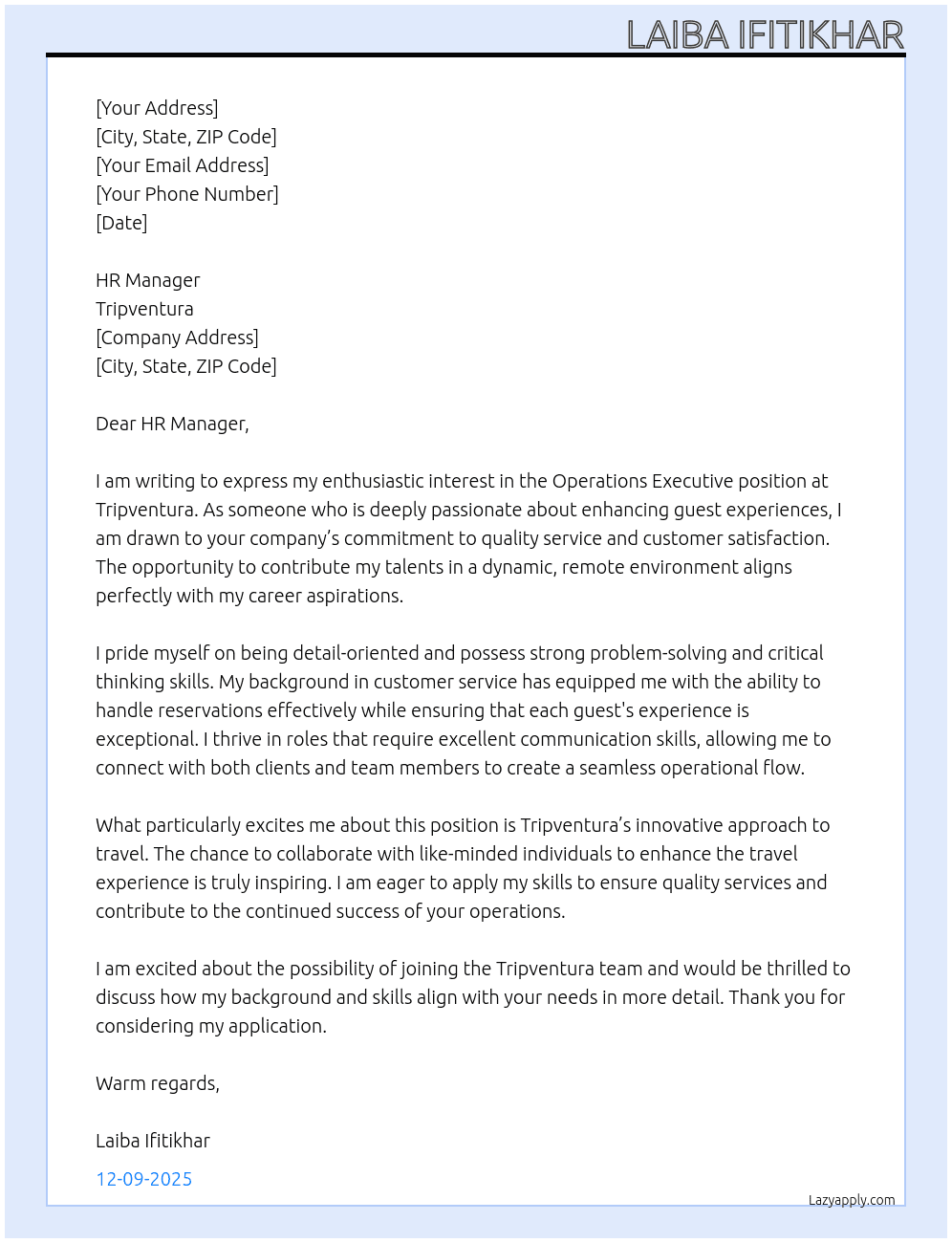 Operations Executive At Tripventura Cover Letter