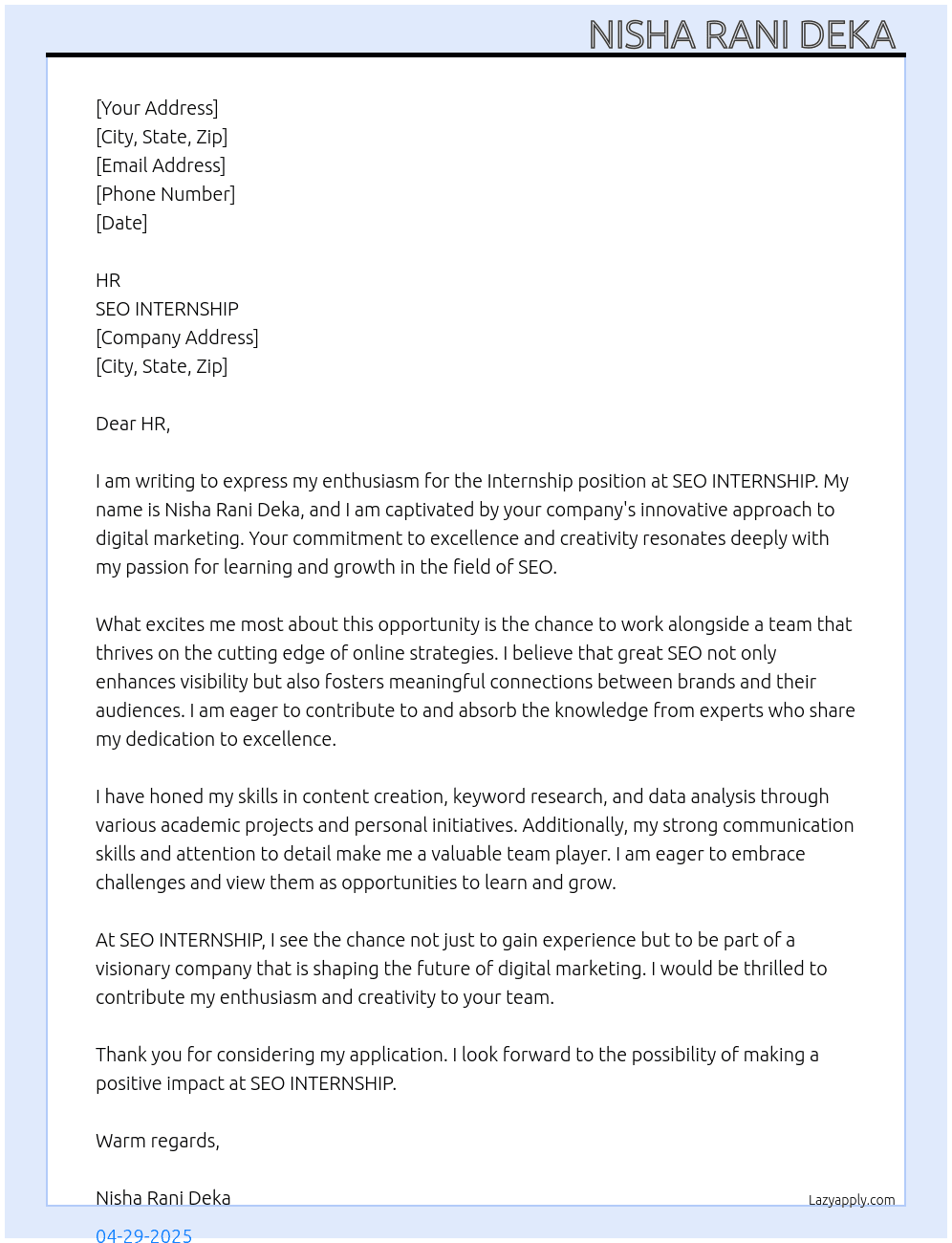  Internship  At SEO INTERNSHIP  Cover Letter