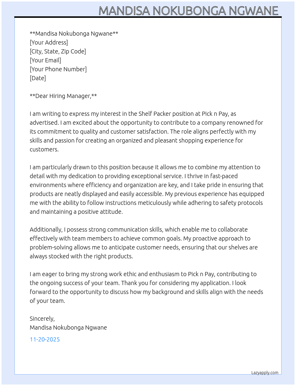 Shelf Packer At Pick n Pay Cover Letter