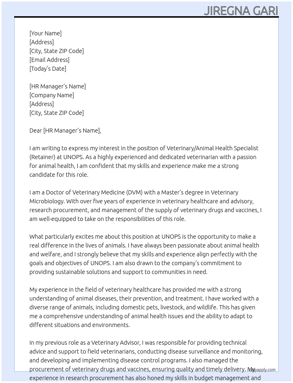 Veterinary/Animal Health Specialist (Retainer) At UNOPS Cover Letter