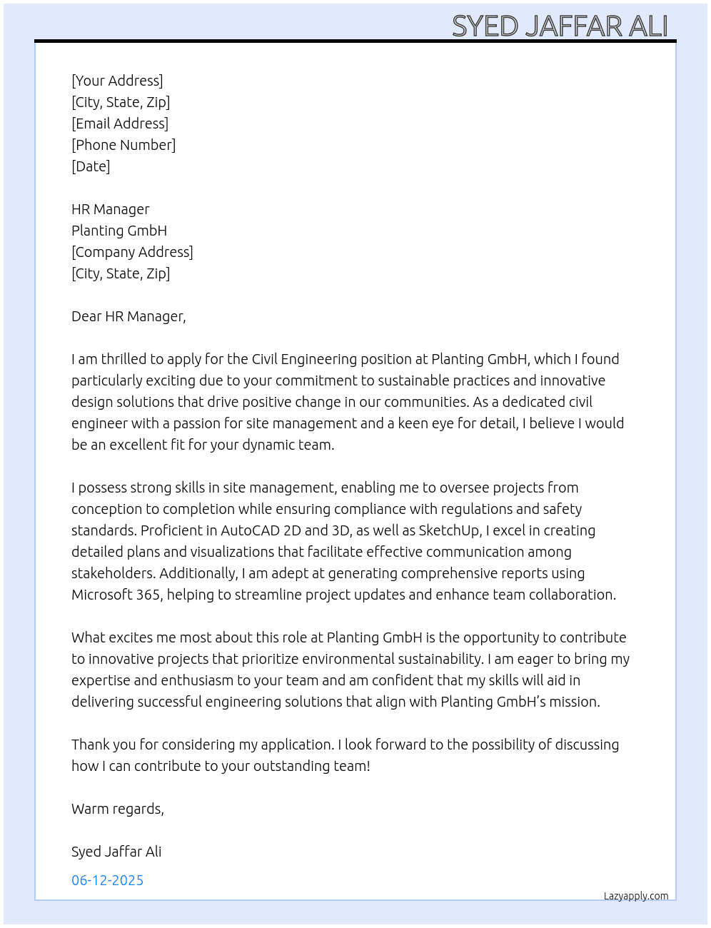 Civil engineering  At planting GmbH Cover Letter