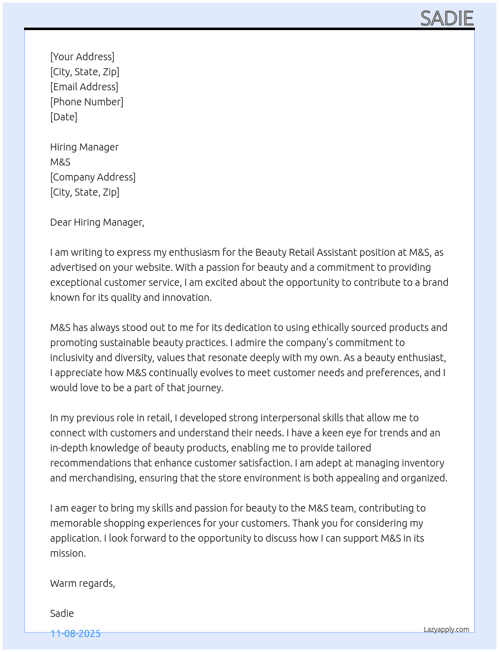 Cover letter for beauty retail assistant - LazyApply