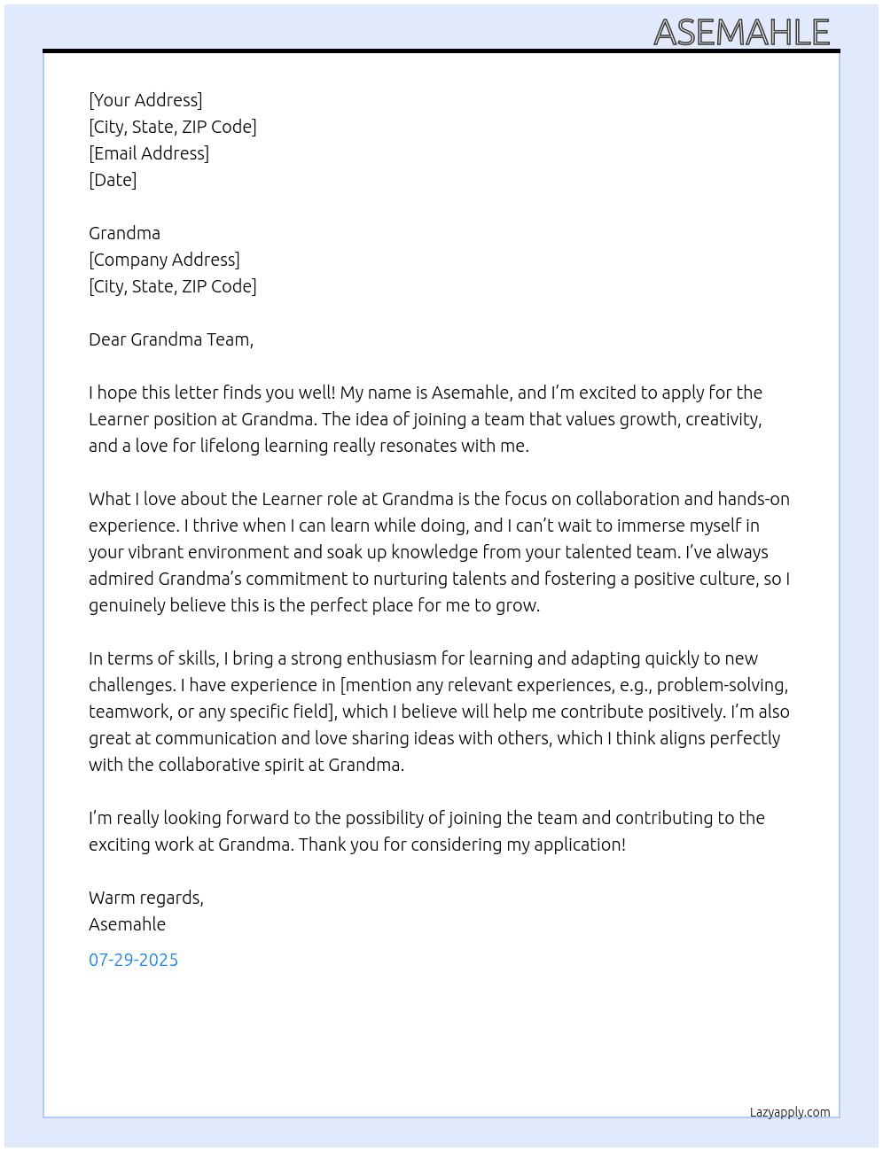 Learner  At Grandma Cover Letter