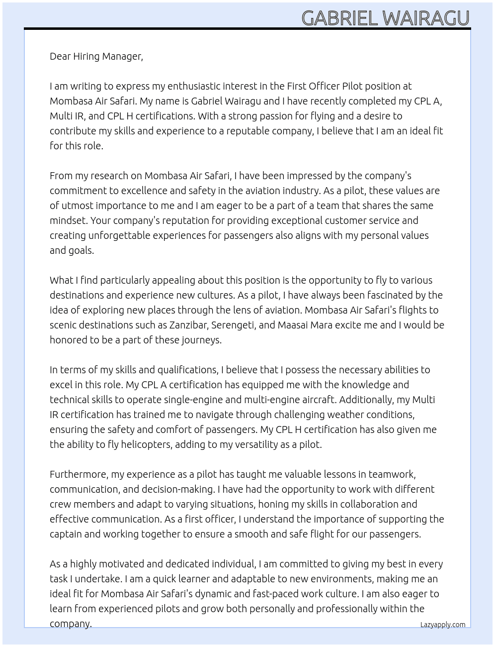 First officer pilot At Mombasa Air safari Cover Letter