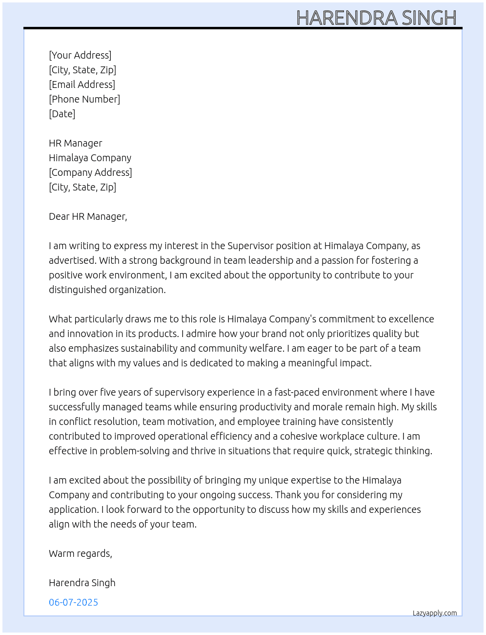 Supervisor At Himalaya company Cover Letter