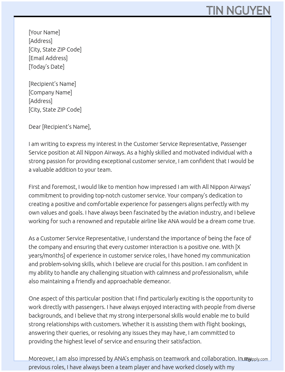 Cover letter for customer service representative, passenger service - LazyApply