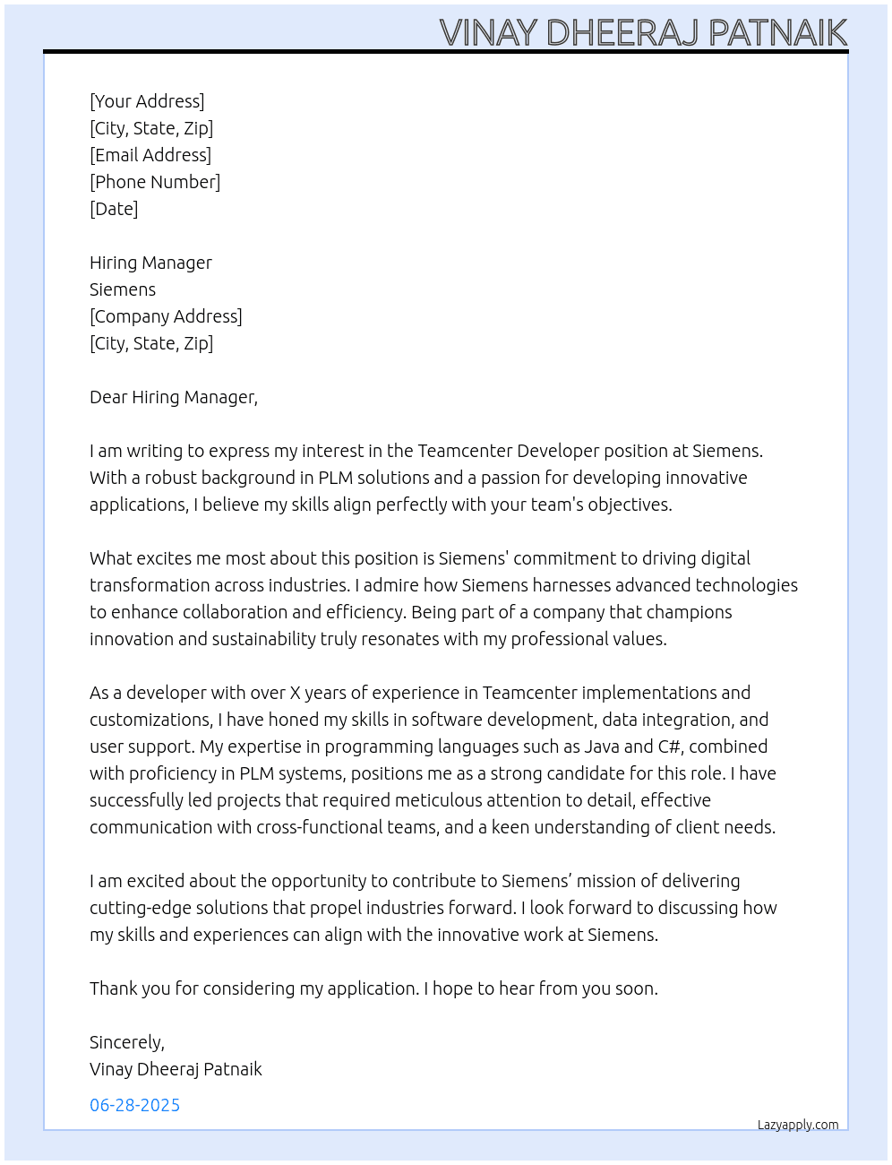 Cover letter for teamcenter developer - LazyApply
