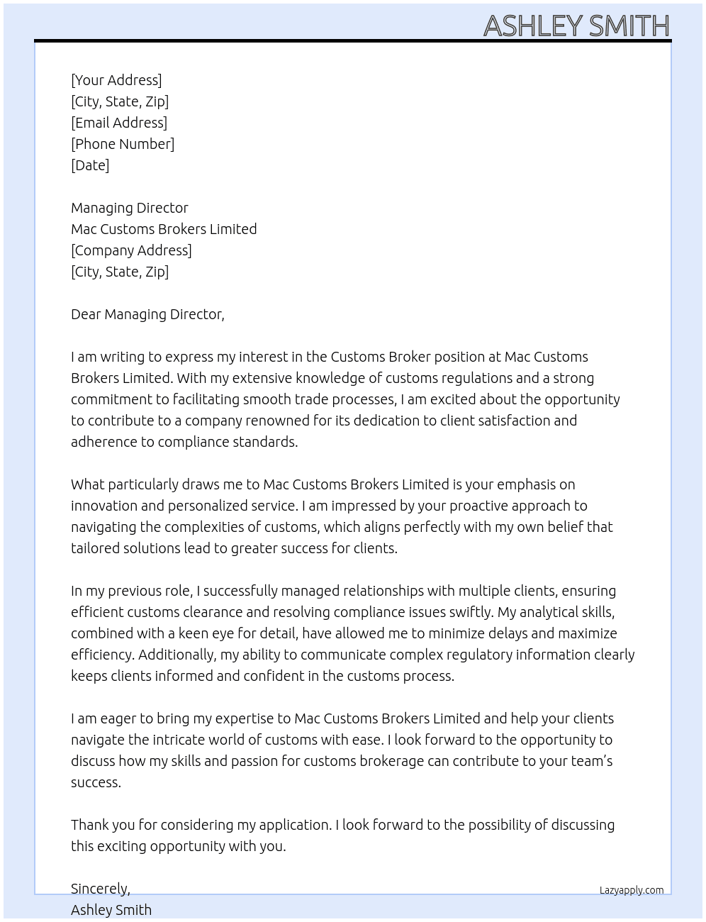Cover letter for customs broker - LazyApply