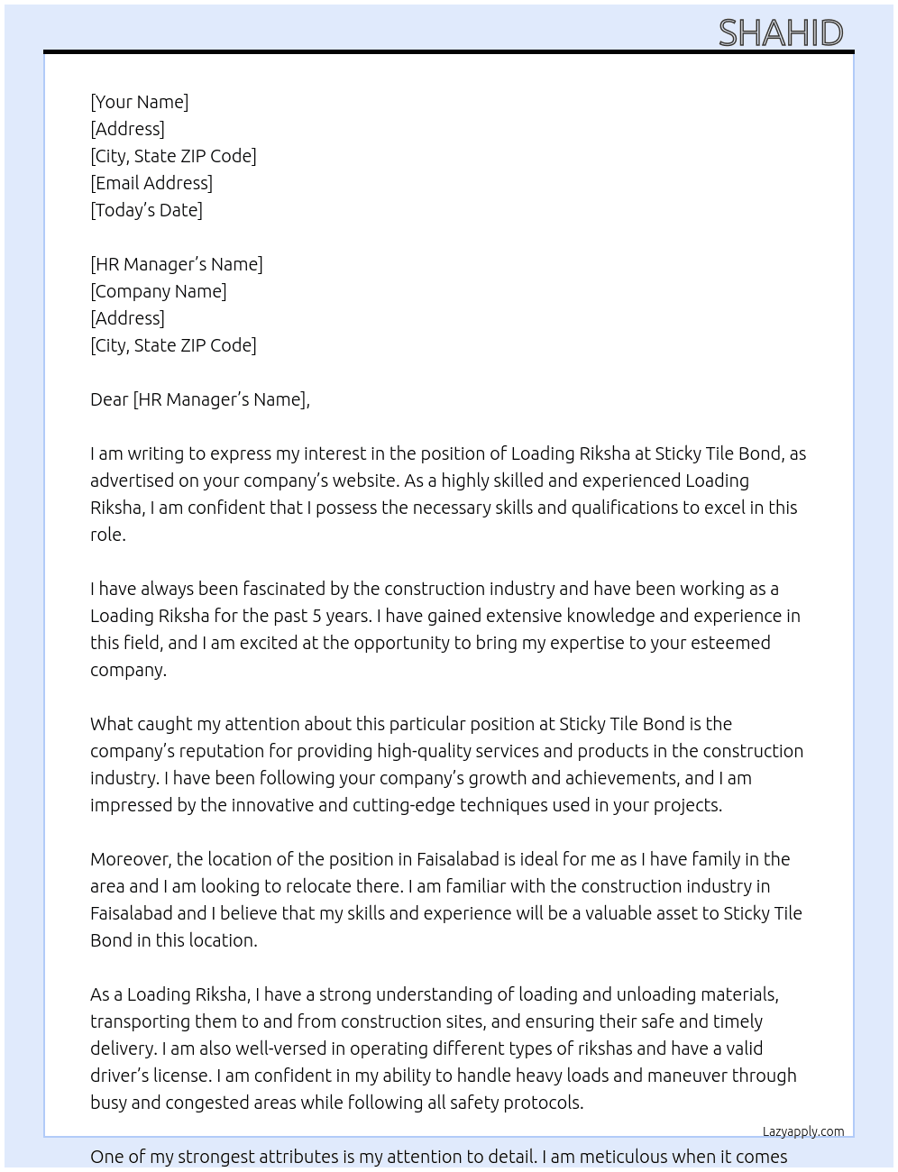 Cover letter for loading riksha - LazyApply