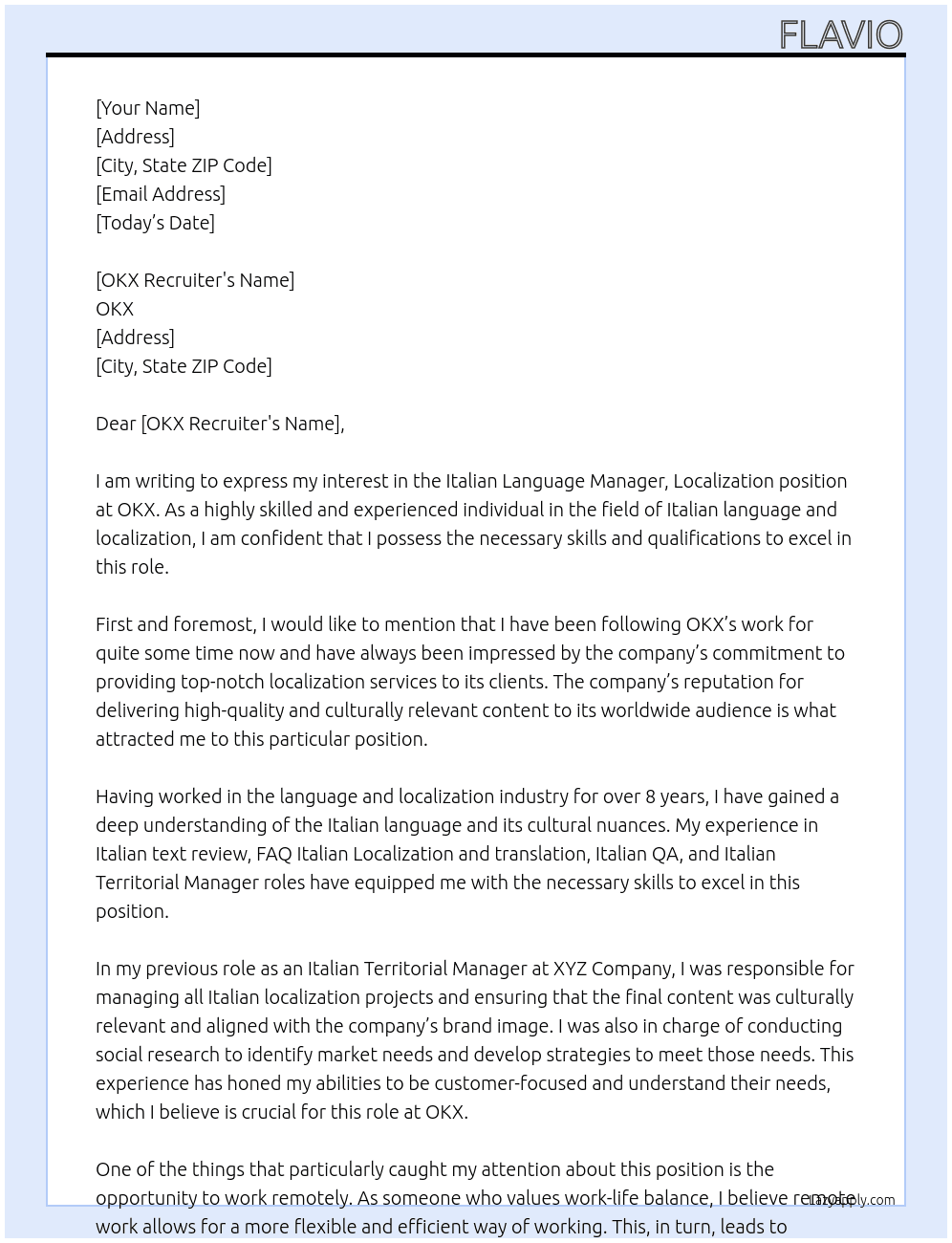 Cover letter for italian language manager, localization - LazyApply