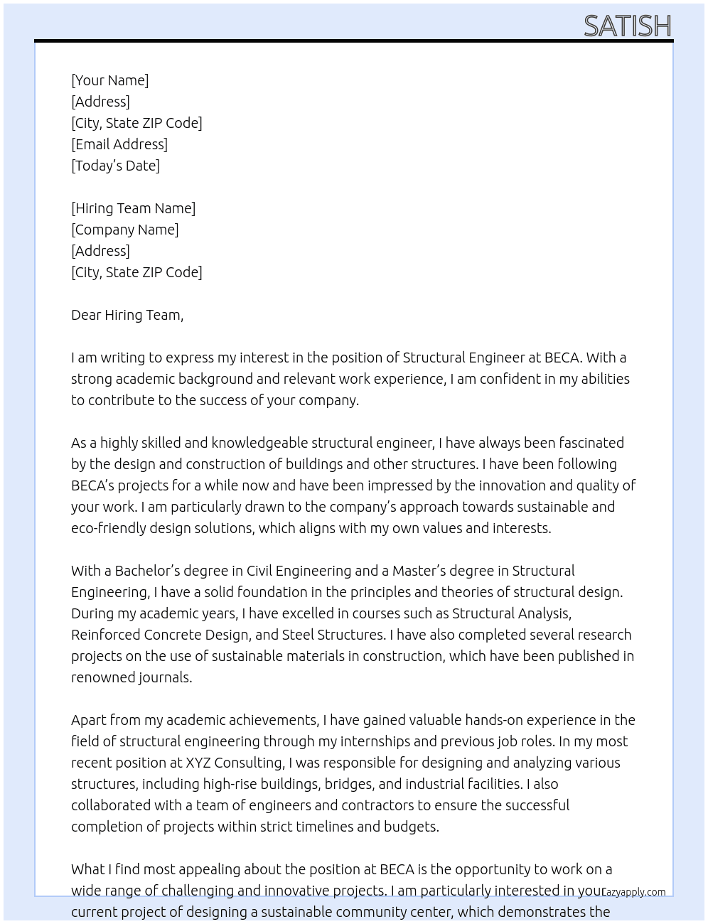 STRUCTURAL ENGINEER At BECA Cover Letter