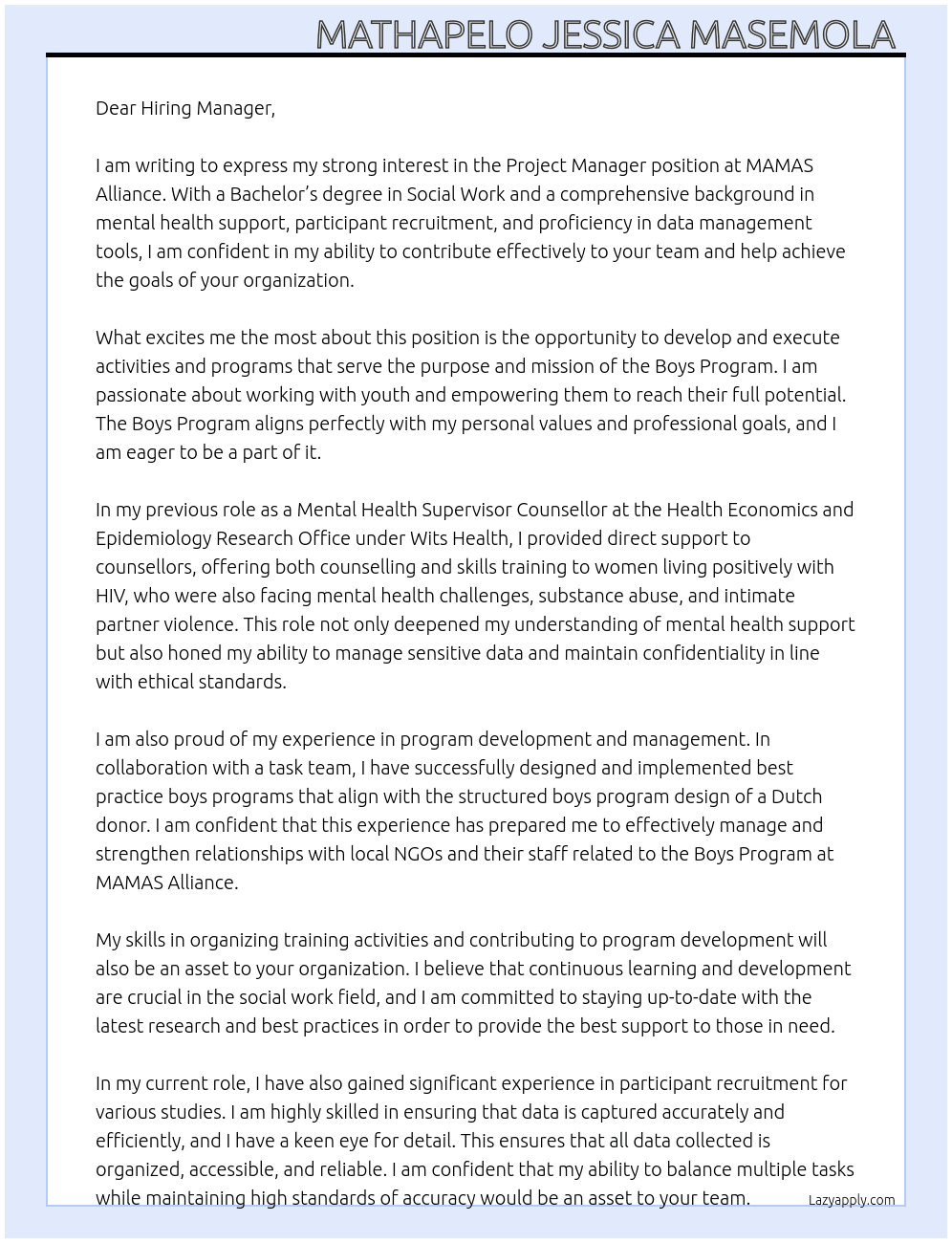 Project Manager At MAMAS Alliance Cover Letter