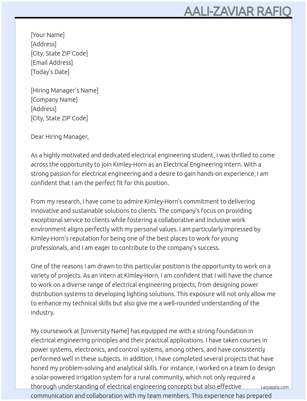 Electrical Engineering Intern At Kimley-Horn Cover Letter