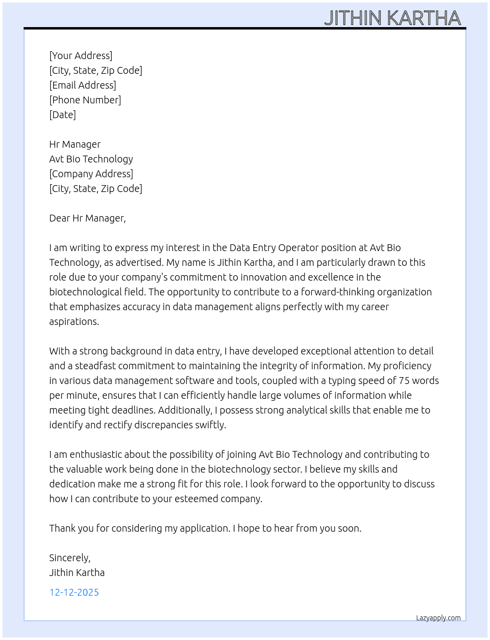 Data entry operator  At Avt bio technology  Cover Letter