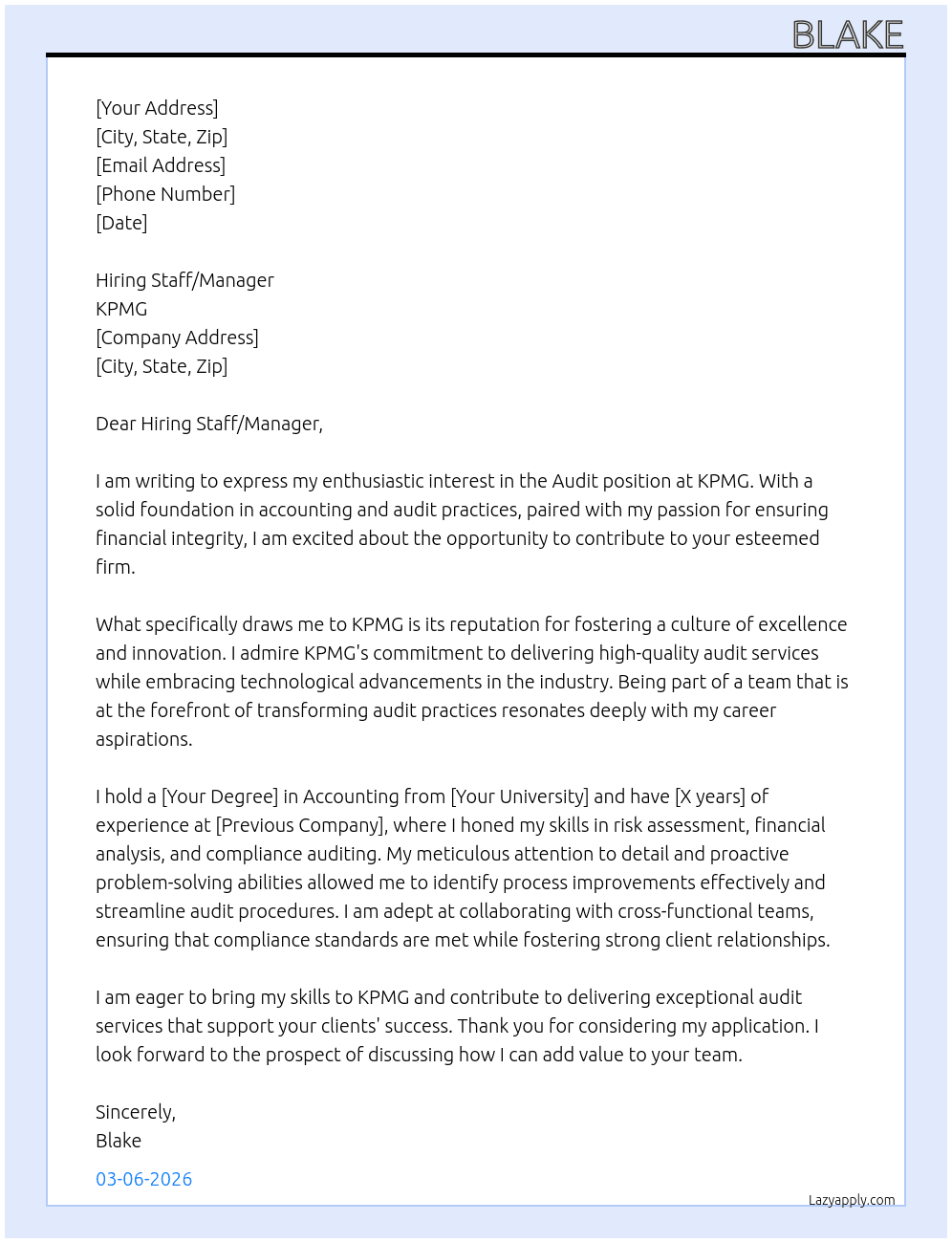 Audit At KPMG Cover Letter