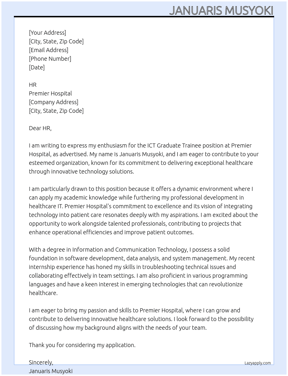 Cover letter for ict graduate trainee - LazyApply