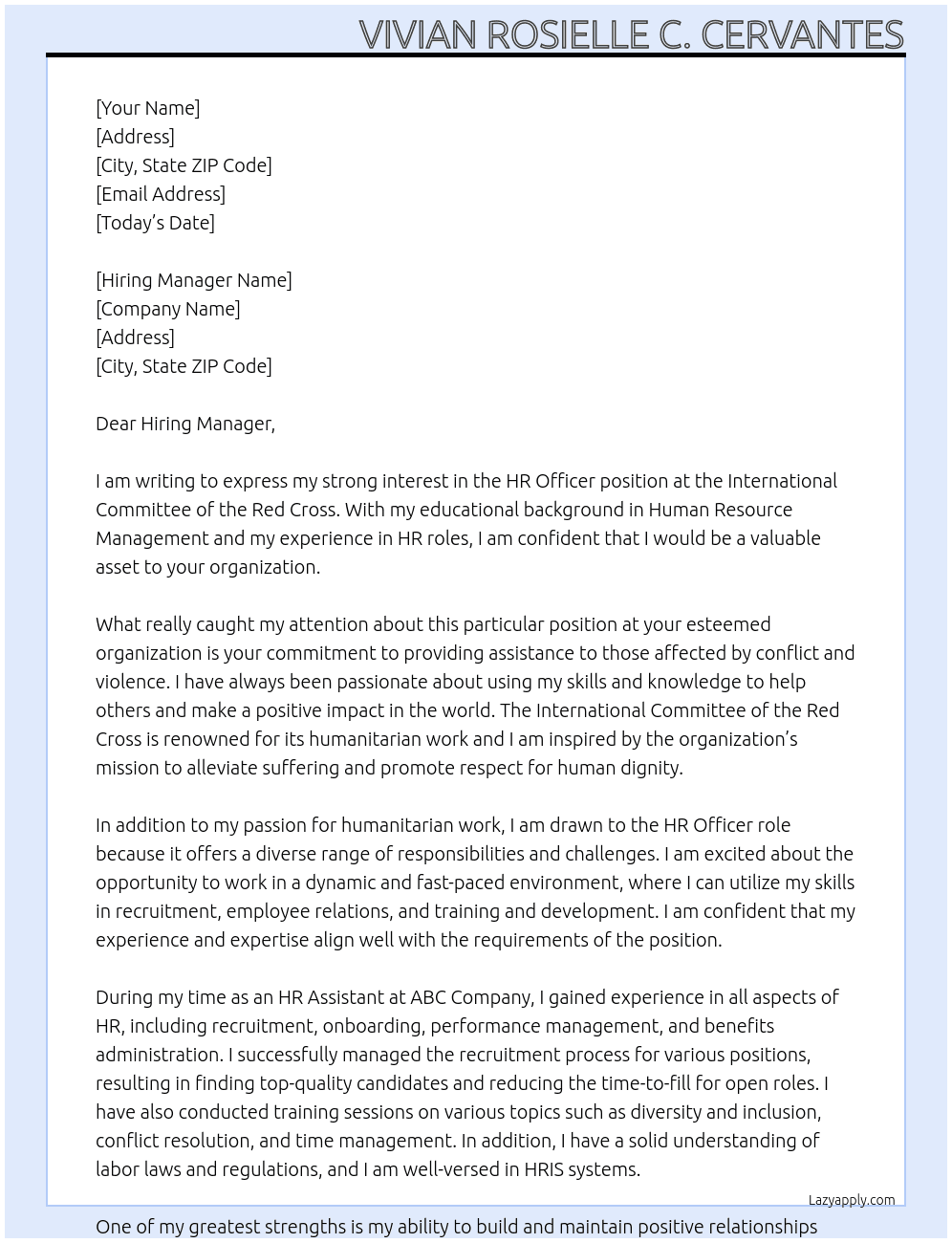 HR OFFICER At INTERNATIONAL COMMITTEE OF THE RED CROSS Cover Letter