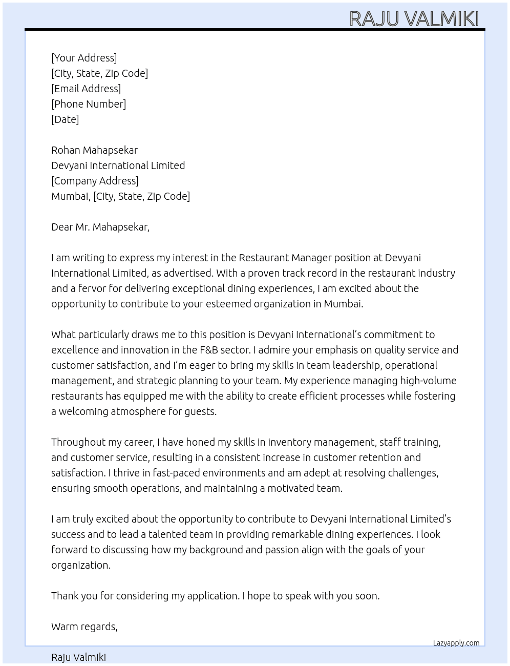 Restaurant manager  At Devyani international limited  Cover Letter