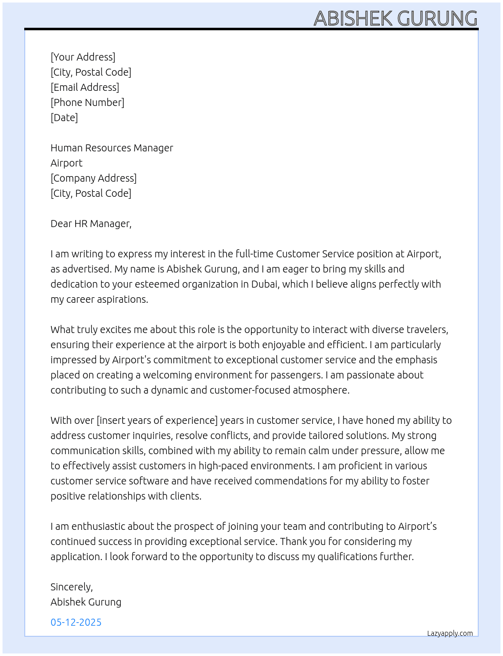 Customer service  At Airport  Cover Letter