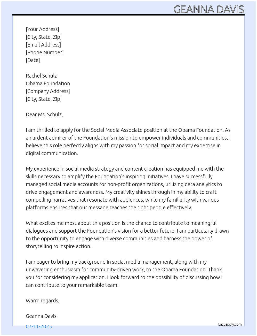 Social Media Associate At Obama Foundation Cover Letter
