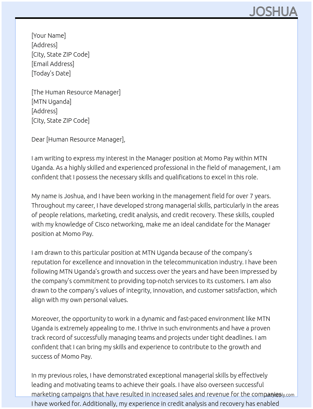 MANAGER - MOMO PAY At MTN UGANDA Cover Letter